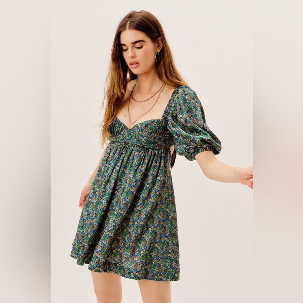 FOR LOVE AND LEMONS Alisa mini dress in green floral puff sleeve NWOT size Large